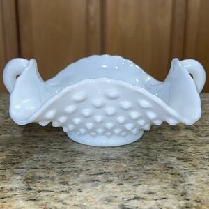 Vintage Hobnail Milk Glass Double Handled Bon Bon Candy Dish/Bowl